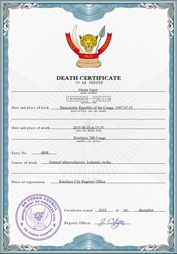 Download Congo (Democratic Republic of the Congo) vital record death certificate PSD template Photoshop template